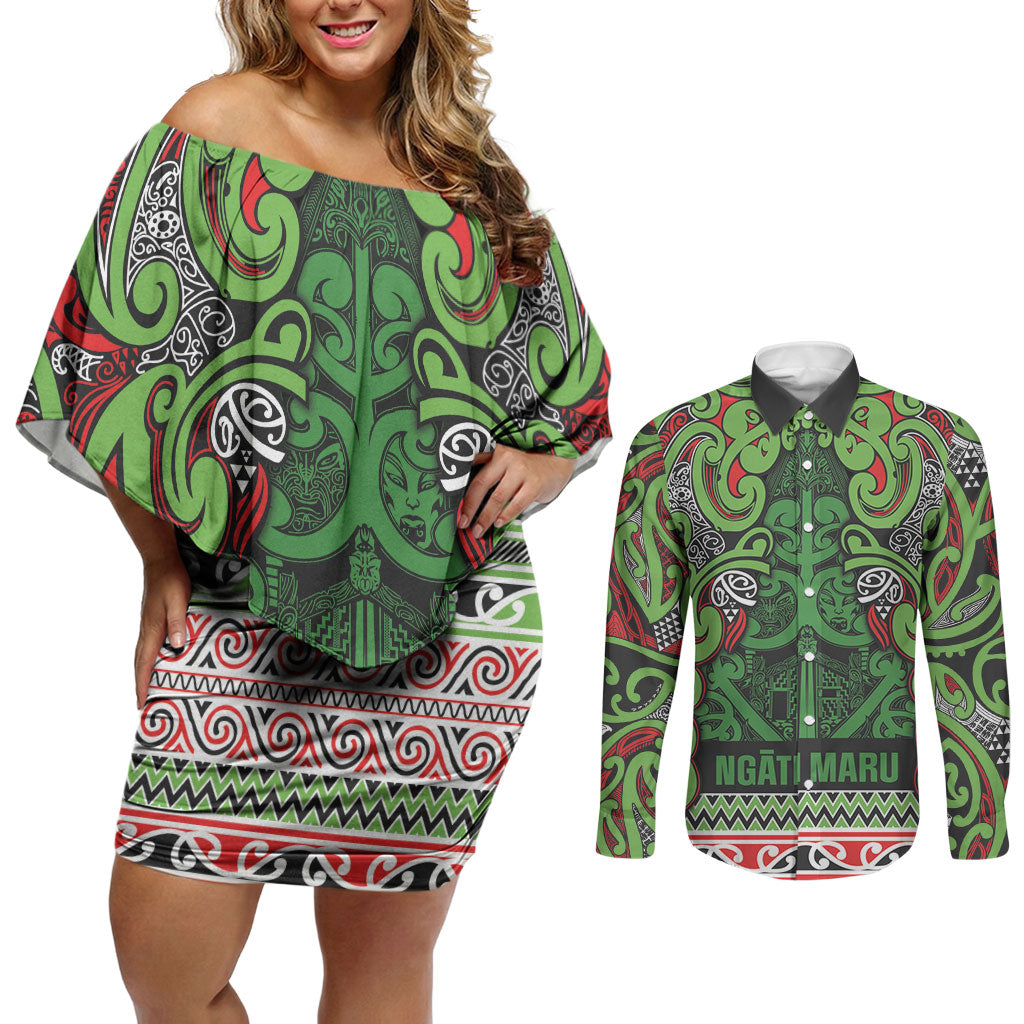 Aotearoa Iwi Ngati Maru Hauraki Couples Matching Off Shoulder Short Dress and Long Sleeve Button Shirt Maori Wharenui House Tribal Pattern LT9 Green Red - Polynesian Pride