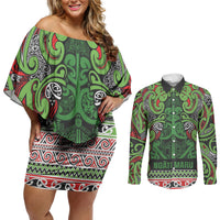 Aotearoa Iwi Ngati Maru Hauraki Couples Matching Off Shoulder Short Dress and Long Sleeve Button Shirt Maori Wharenui House Tribal Pattern