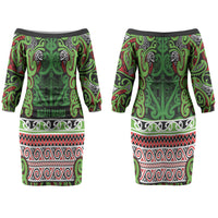Aotearoa Iwi Ngati Maru Hauraki Couples Matching Off The Shoulder Long Sleeve Dress and Hawaiian Shirt Maori Wharenui House Tribal Pattern