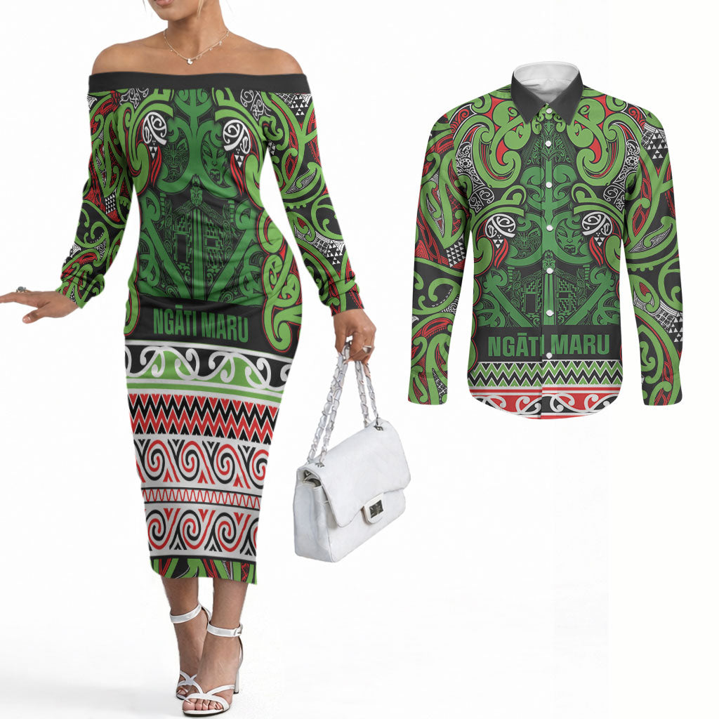 Aotearoa Iwi Ngati Maru Hauraki Couples Matching Off The Shoulder Long Sleeve Dress and Long Sleeve Button Shirt Maori Wharenui House Tribal Pattern