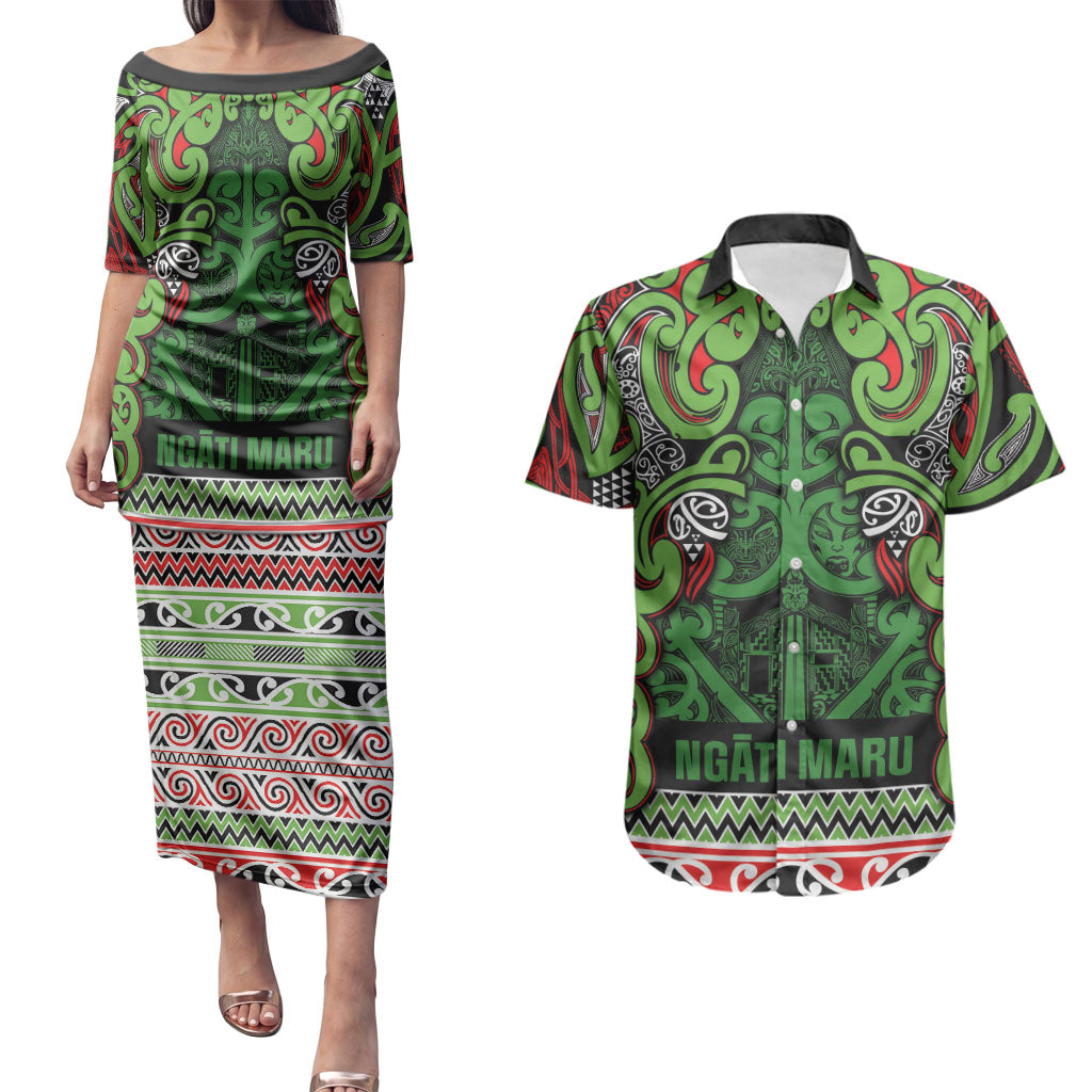 Aotearoa Iwi Ngati Maru Hauraki Couples Matching Puletasi and Hawaiian Shirt Maori Wharenui House Tribal Pattern