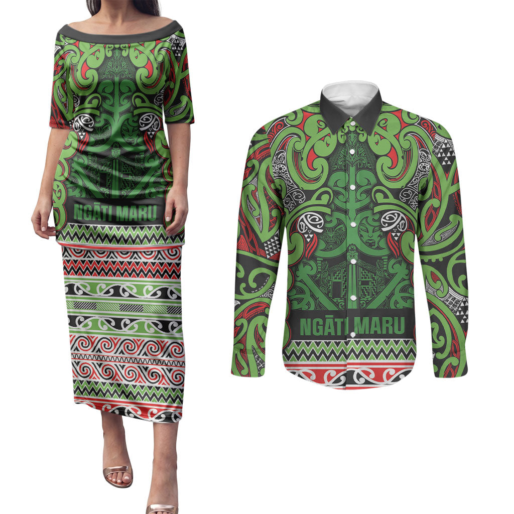 Aotearoa Iwi Ngati Maru Hauraki Couples Matching Puletasi and Long Sleeve Button Shirt Maori Wharenui House Tribal Pattern LT9 Green Red - Polynesian Pride