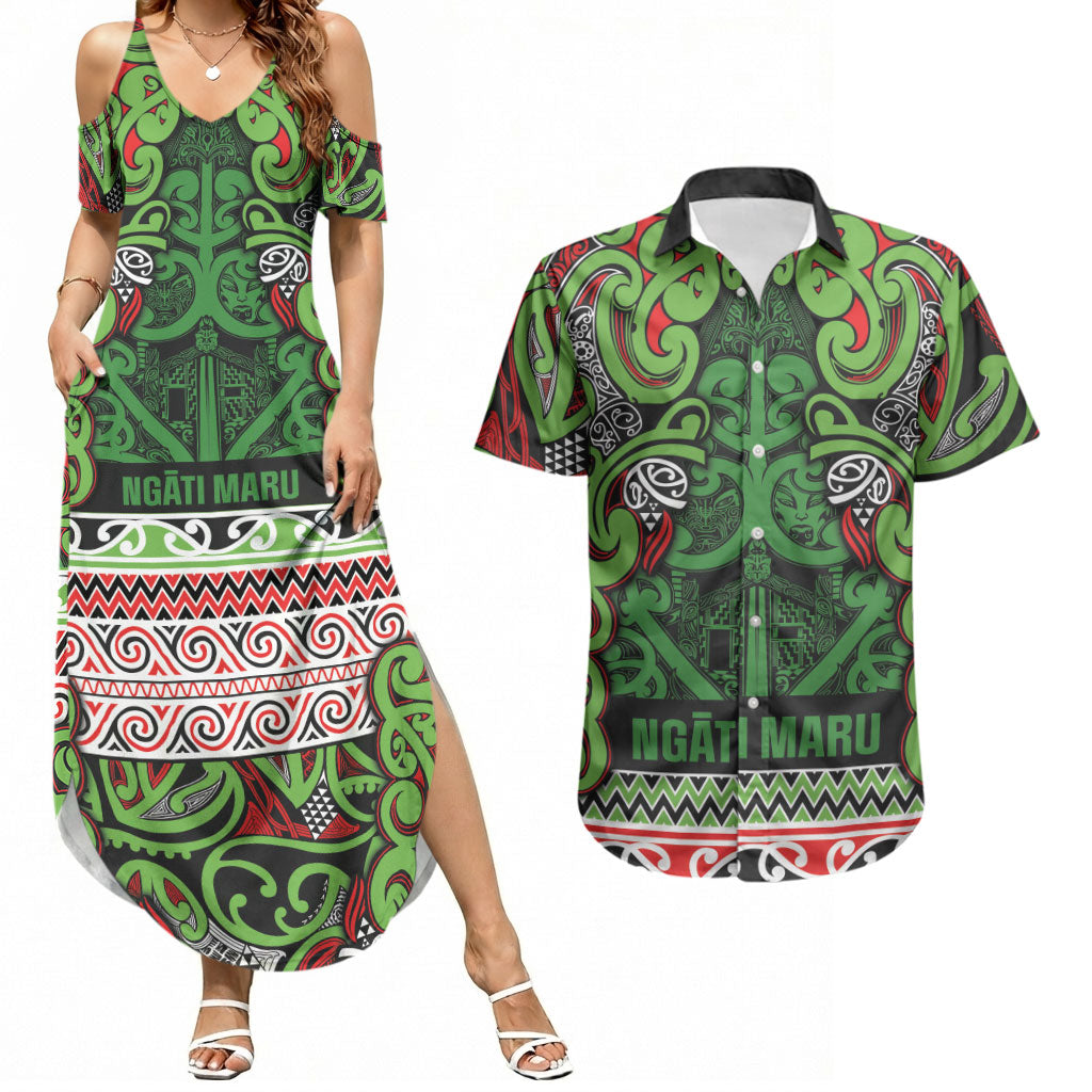 Aotearoa Iwi Ngati Maru Hauraki Couples Matching Summer Maxi Dress and Hawaiian Shirt Maori Wharenui House Tribal Pattern