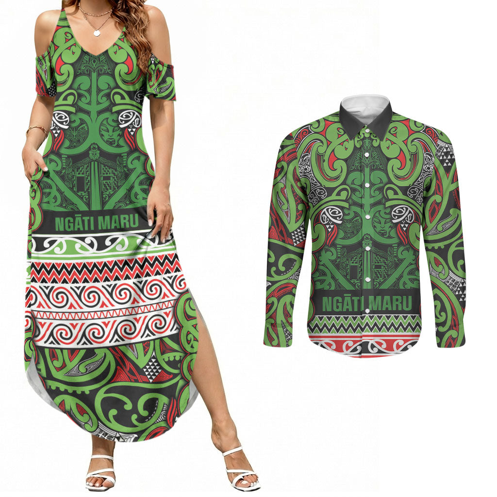 Aotearoa Iwi Ngati Maru Hauraki Couples Matching Summer Maxi Dress and Long Sleeve Button Shirt Maori Wharenui House Tribal Pattern