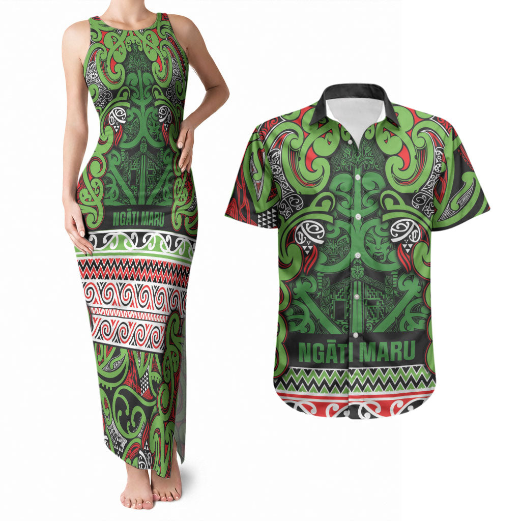 Aotearoa Iwi Ngati Maru Hauraki Couples Matching Tank Maxi Dress and Hawaiian Shirt Maori Wharenui House Tribal Pattern