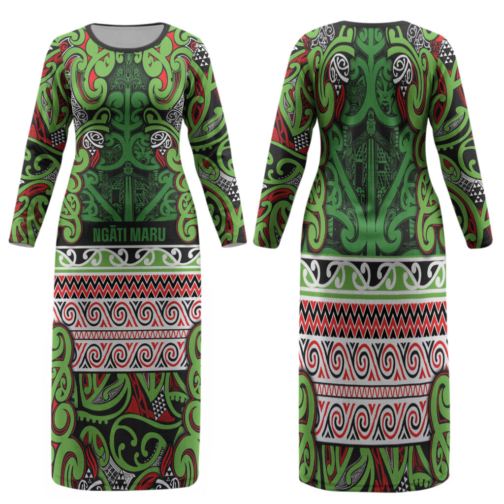 Aotearoa Iwi Ngati Maru Hauraki Family Matching Long Sleeve Bodycon Dress and Hawaiian Shirt Maori Wharenui House Tribal Pattern