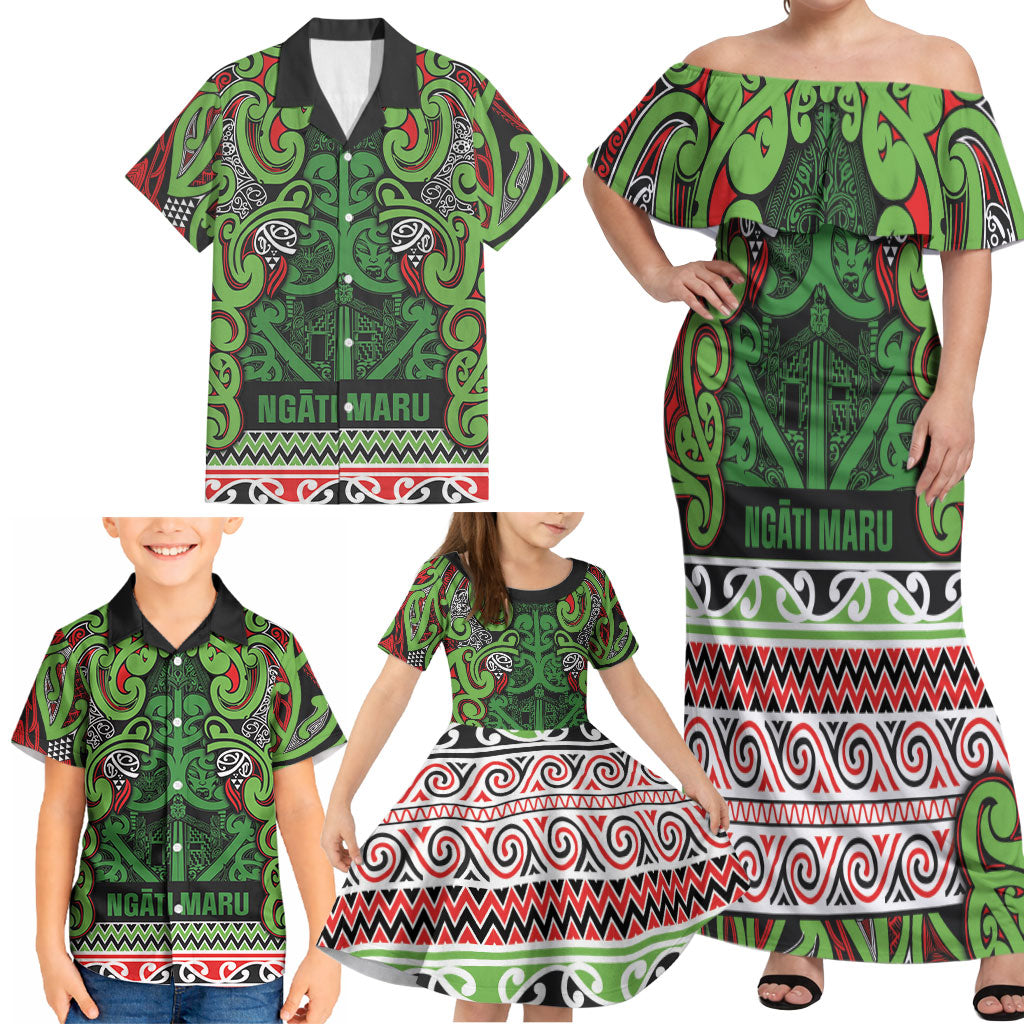 Aotearoa Iwi Ngati Maru Hauraki Family Matching Off Shoulder Maxi Dress and Hawaiian Shirt Maori Wharenui House Tribal Pattern