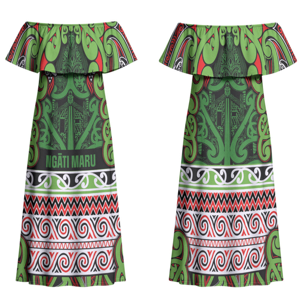 Aotearoa Iwi Ngati Maru Hauraki Family Matching Off Shoulder Maxi Dress and Hawaiian Shirt Maori Wharenui House Tribal Pattern