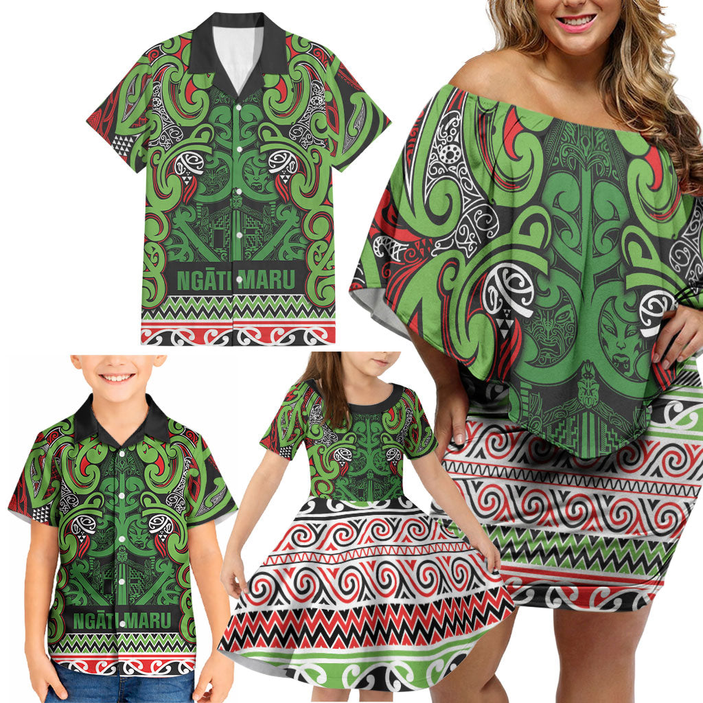 Aotearoa Iwi Ngati Maru Hauraki Family Matching Off Shoulder Short Dress and Hawaiian Shirt Maori Wharenui House Tribal Pattern