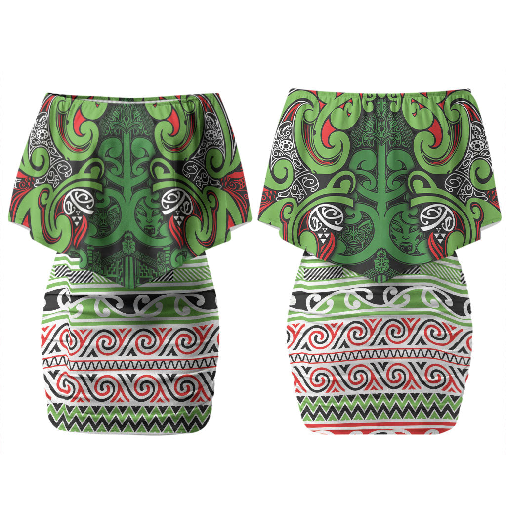 Aotearoa Iwi Ngati Maru Hauraki Family Matching Off Shoulder Short Dress and Hawaiian Shirt Maori Wharenui House Tribal Pattern