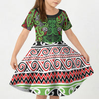 Aotearoa Iwi Ngati Maru Hauraki Kid Short Sleeve Dress Maori Wharenui House Tribal Pattern