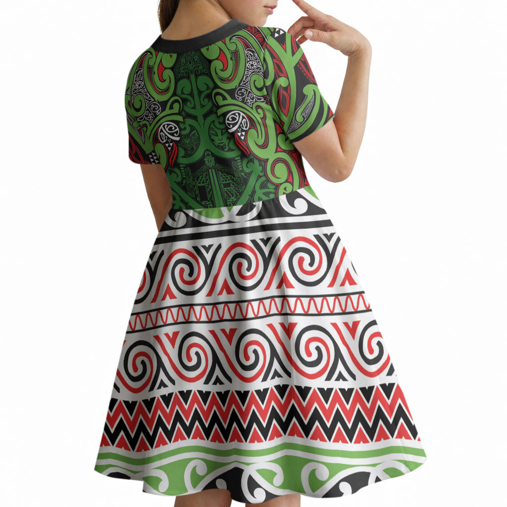 Aotearoa Iwi Ngati Maru Hauraki Kid Short Sleeve Dress Maori Wharenui House Tribal Pattern