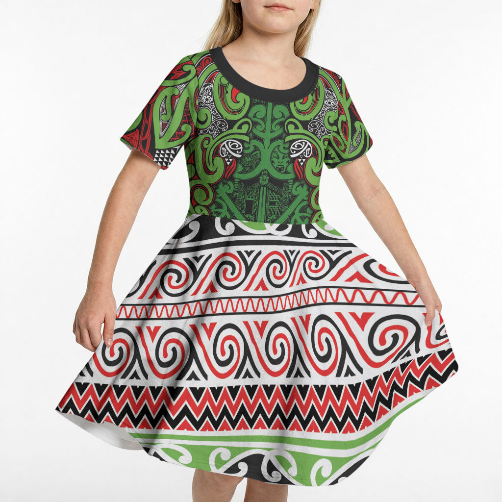 Aotearoa Iwi Ngati Maru Hauraki Kid Short Sleeve Dress Maori Wharenui House Tribal Pattern