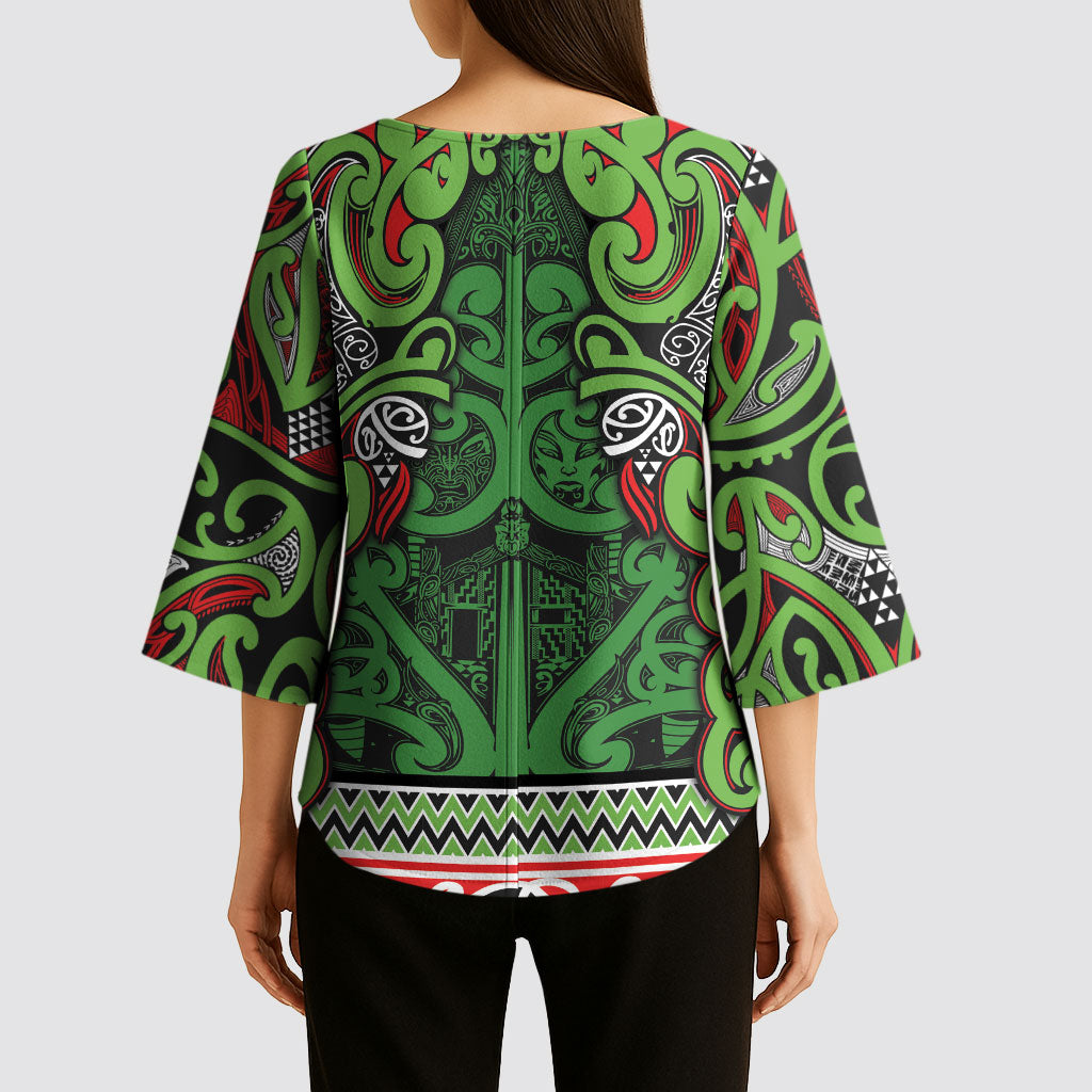 Aotearoa Iwi Ngati Maru Hauraki Kimono Sleeve Blouse Maori Wharenui House Tribal Pattern