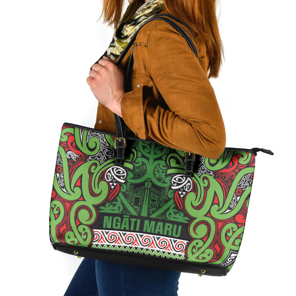 Aotearoa Iwi Ngati Maru Hauraki Leather Tote Bag Maori Wharenui House Tribal Pattern LT9 Green Red - Polynesian Pride