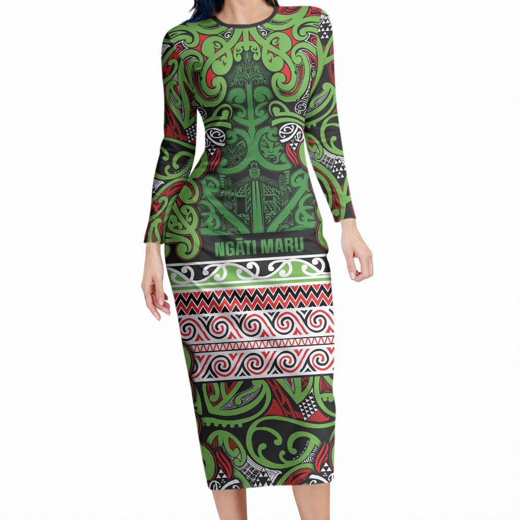 Aotearoa Iwi Ngati Maru Hauraki Long Sleeve Bodycon Dress Maori Wharenui House Tribal Pattern