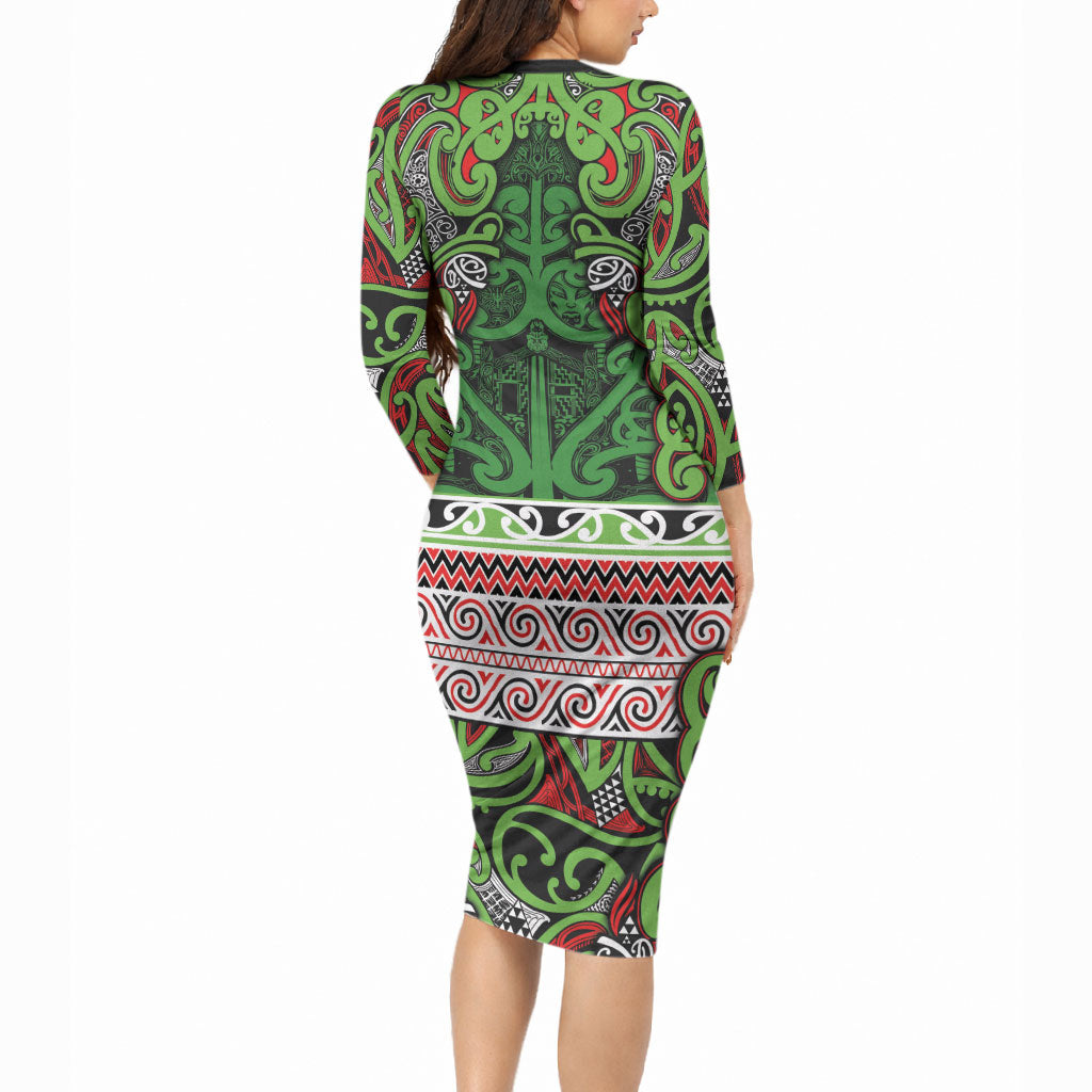 Aotearoa Iwi Ngati Maru Hauraki Long Sleeve Bodycon Dress Maori Wharenui House Tribal Pattern