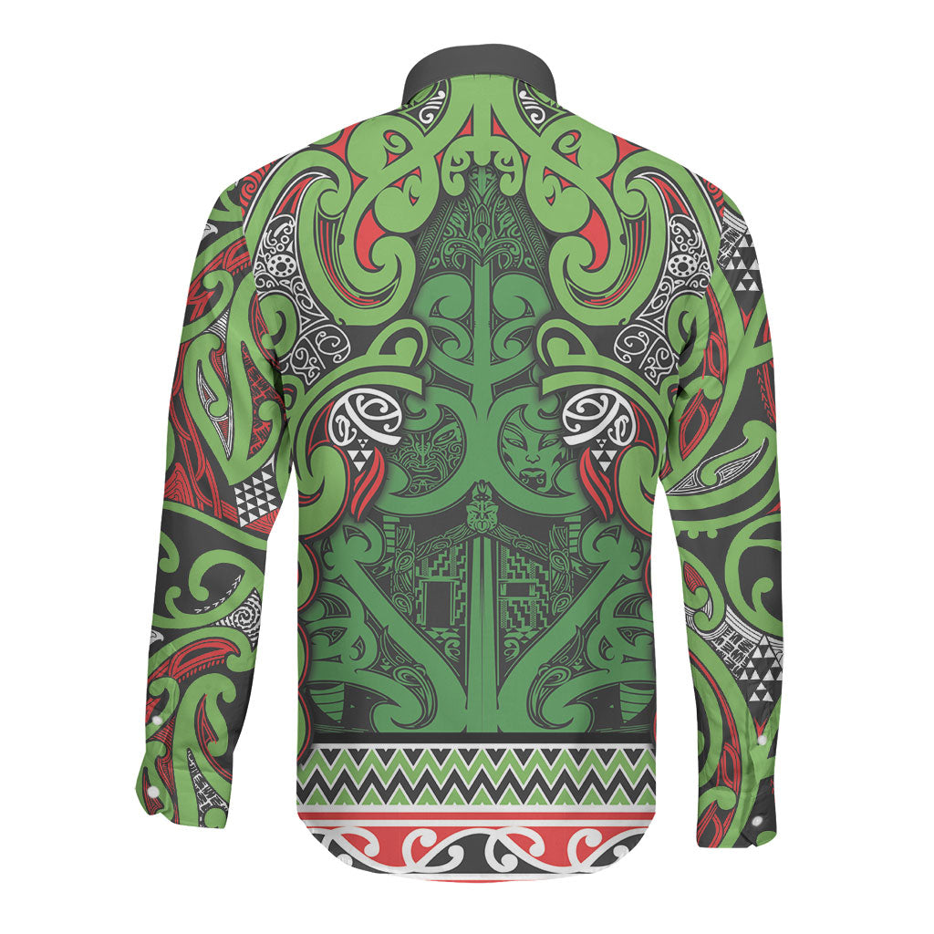 Aotearoa Iwi Ngati Maru Hauraki Long Sleeve Button Shirt Maori Wharenui House Tribal Pattern