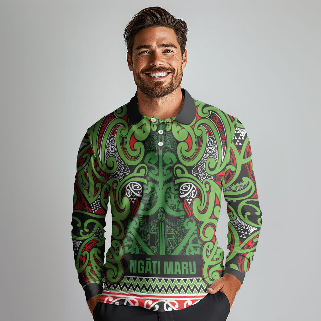 Aotearoa Iwi Ngati Maru Hauraki Long Sleeve Polo Shirt Maori Wharenui House Tribal Pattern