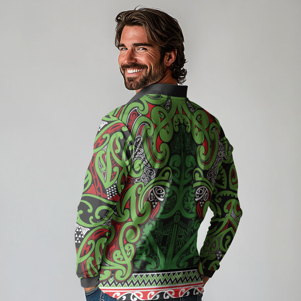Aotearoa Iwi Ngati Maru Hauraki Long Sleeve Polo Shirt Maori Wharenui House Tribal Pattern