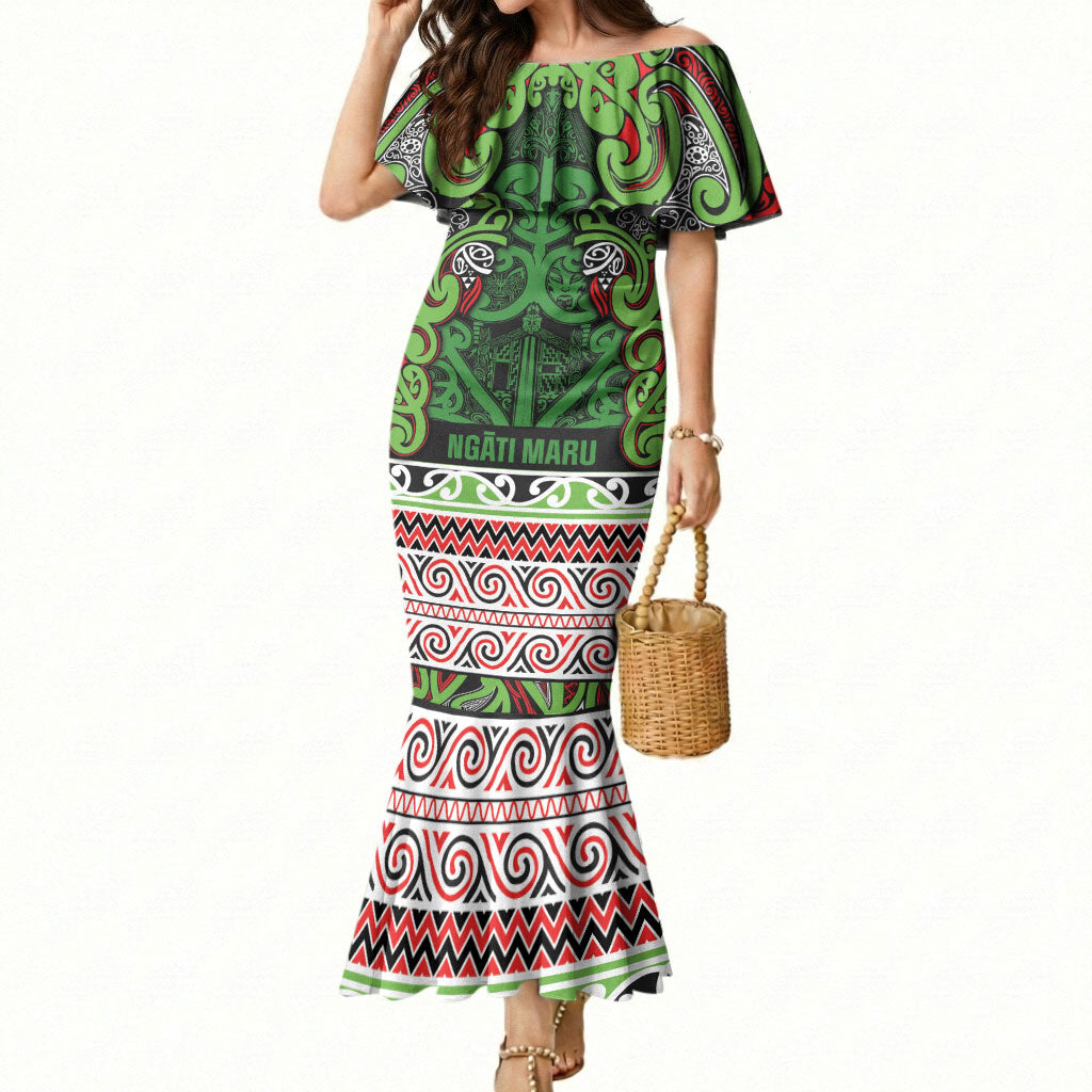 Aotearoa Iwi Ngati Maru Hauraki Mermaid Dress Maori Wharenui House Tribal Pattern LT9 Women Green Red - Polynesian Pride