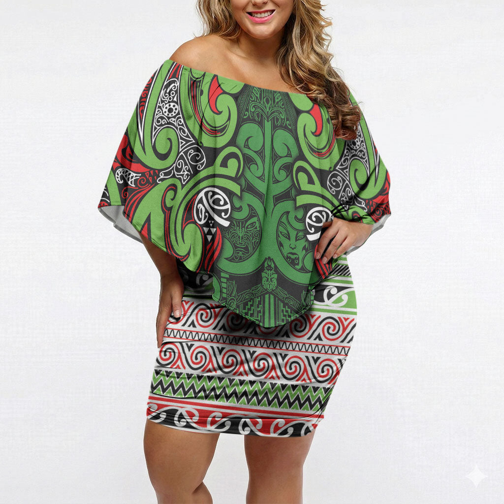 Aotearoa Iwi Ngati Maru Hauraki Off Shoulder Short Dress Maori Wharenui House Tribal Pattern
