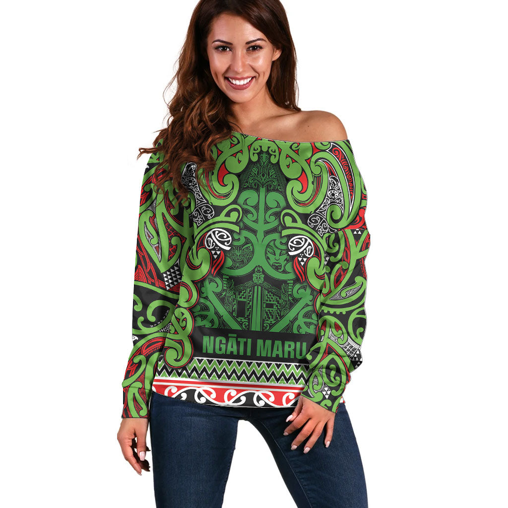 Aotearoa Iwi Ngati Maru Hauraki Off Shoulder Sweater Maori Wharenui House Tribal Pattern