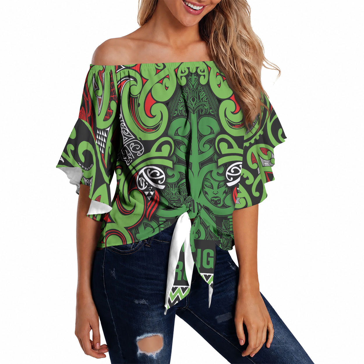 Aotearoa Iwi Ngati Maru Hauraki Off Shoulder Wrap Waist Top Maori Wharenui House Tribal Pattern LT9 Green Red - Polynesian Pride