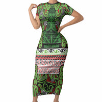 Aotearoa Iwi Ngati Maru Hauraki Short Sleeve Bodycon Dress Maori Wharenui House Tribal Pattern