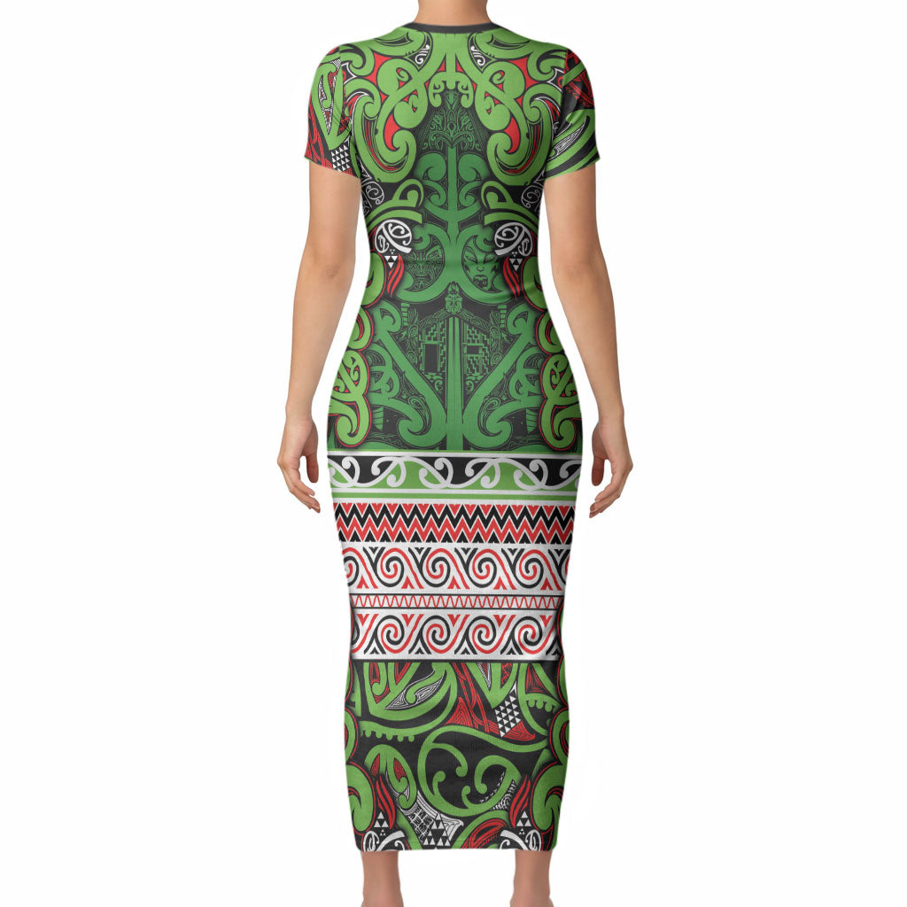 Aotearoa Iwi Ngati Maru Hauraki Short Sleeve Bodycon Dress Maori Wharenui House Tribal Pattern