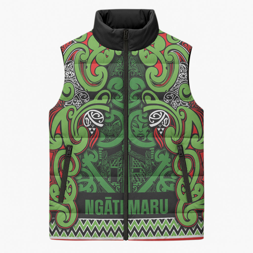 Aotearoa Iwi Ngati Maru Hauraki Sleeveless Puffer Jacket Maori Wharenui House Tribal Pattern