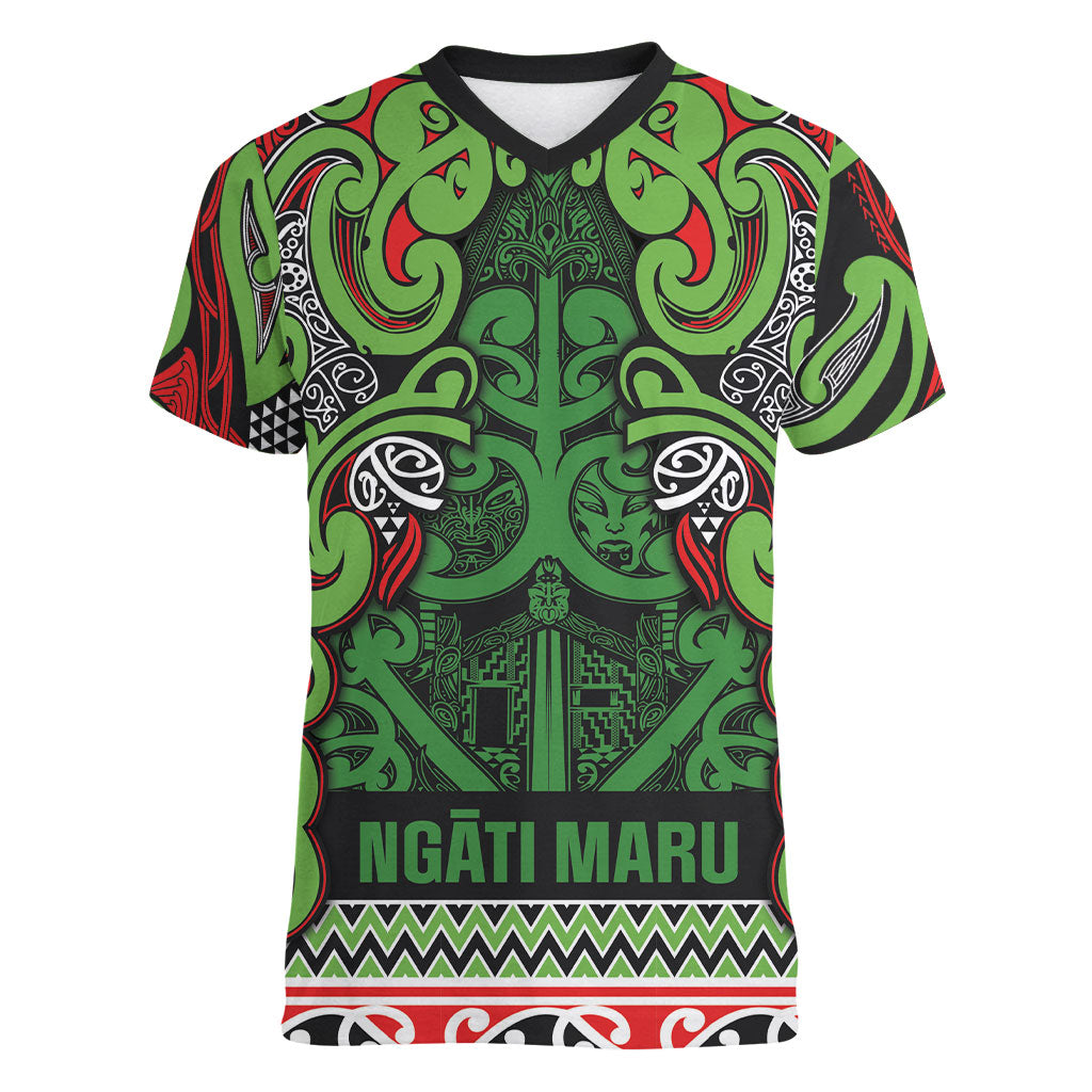 Aotearoa Iwi Ngati Maru Hauraki Women V-Neck T-Shirt Maori Wharenui House Tribal Pattern LT9 Female Green Red - Polynesian Pride