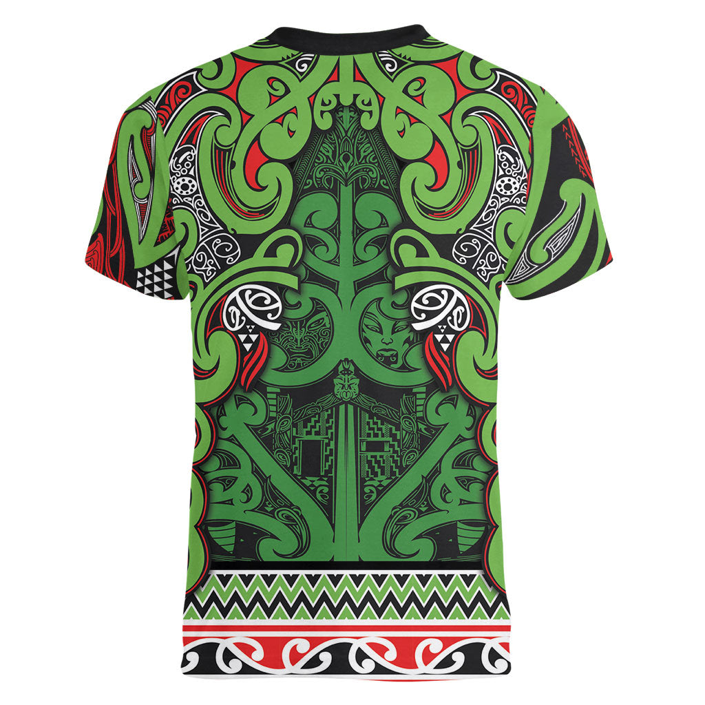 Aotearoa Iwi Ngati Maru Hauraki Women V-Neck T-Shirt Maori Wharenui House Tribal Pattern