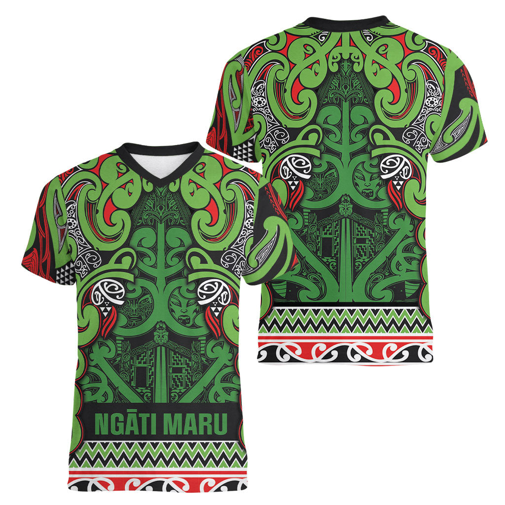 Aotearoa Iwi Ngati Maru Hauraki Women V-Neck T-Shirt Maori Wharenui House Tribal Pattern