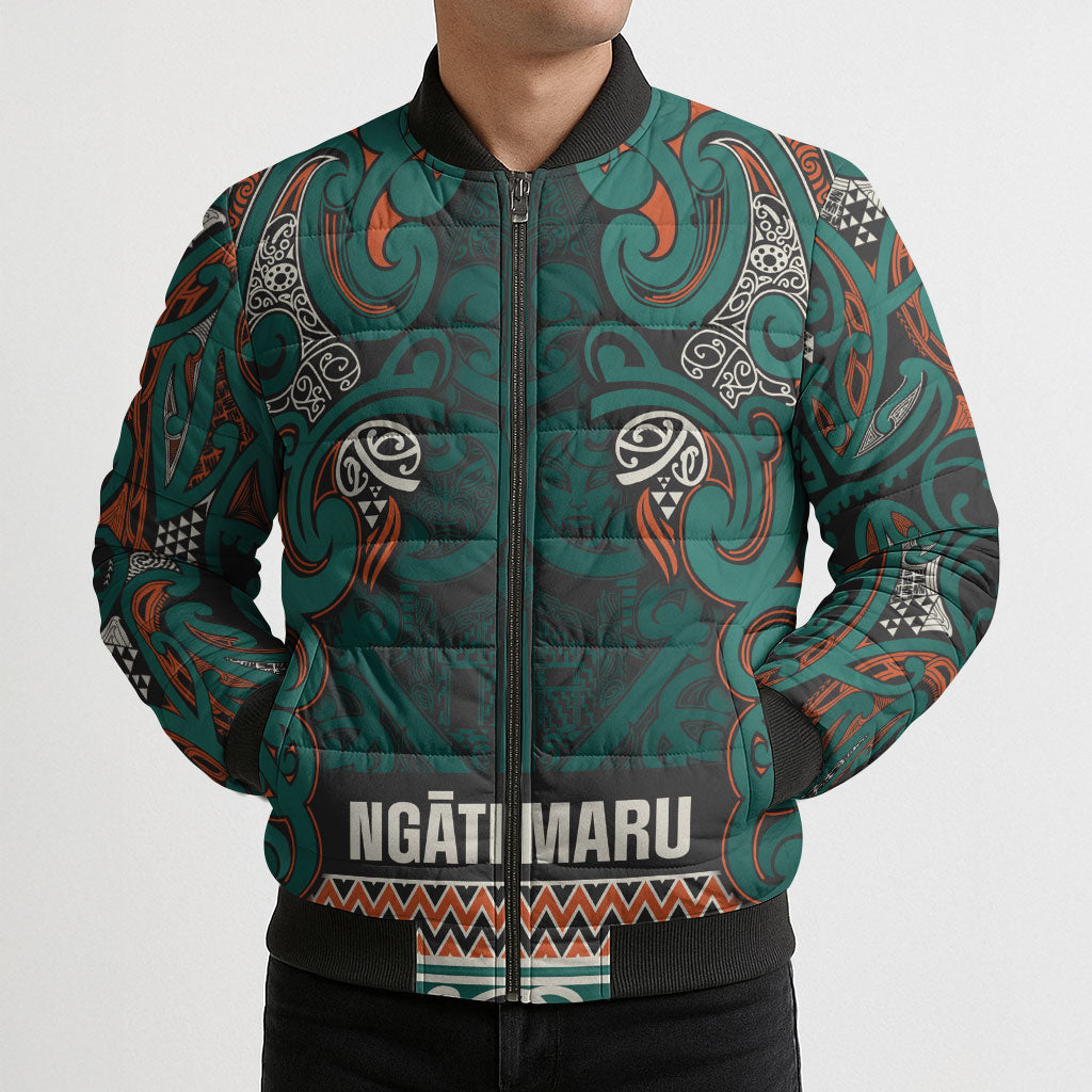 Aotearoa Iwi Ngāti Maru Taranaki Bomber Puffer Jacket Maori Wharenui House Tribal Pattern