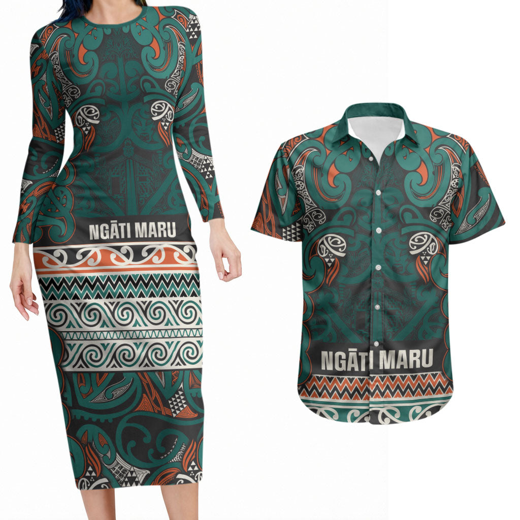 Aotearoa Iwi Ngāti Maru Taranaki Couples Matching Long Sleeve Bodycon Dress and Hawaiian Shirt Maori Wharenui House Tribal Pattern