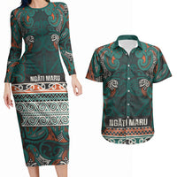 Aotearoa Iwi Ngāti Maru Taranaki Couples Matching Long Sleeve Bodycon Dress and Hawaiian Shirt Maori Wharenui House Tribal Pattern
