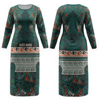 Aotearoa Iwi Ngāti Maru Taranaki Couples Matching Long Sleeve Bodycon Dress and Hawaiian Shirt Maori Wharenui House Tribal Pattern