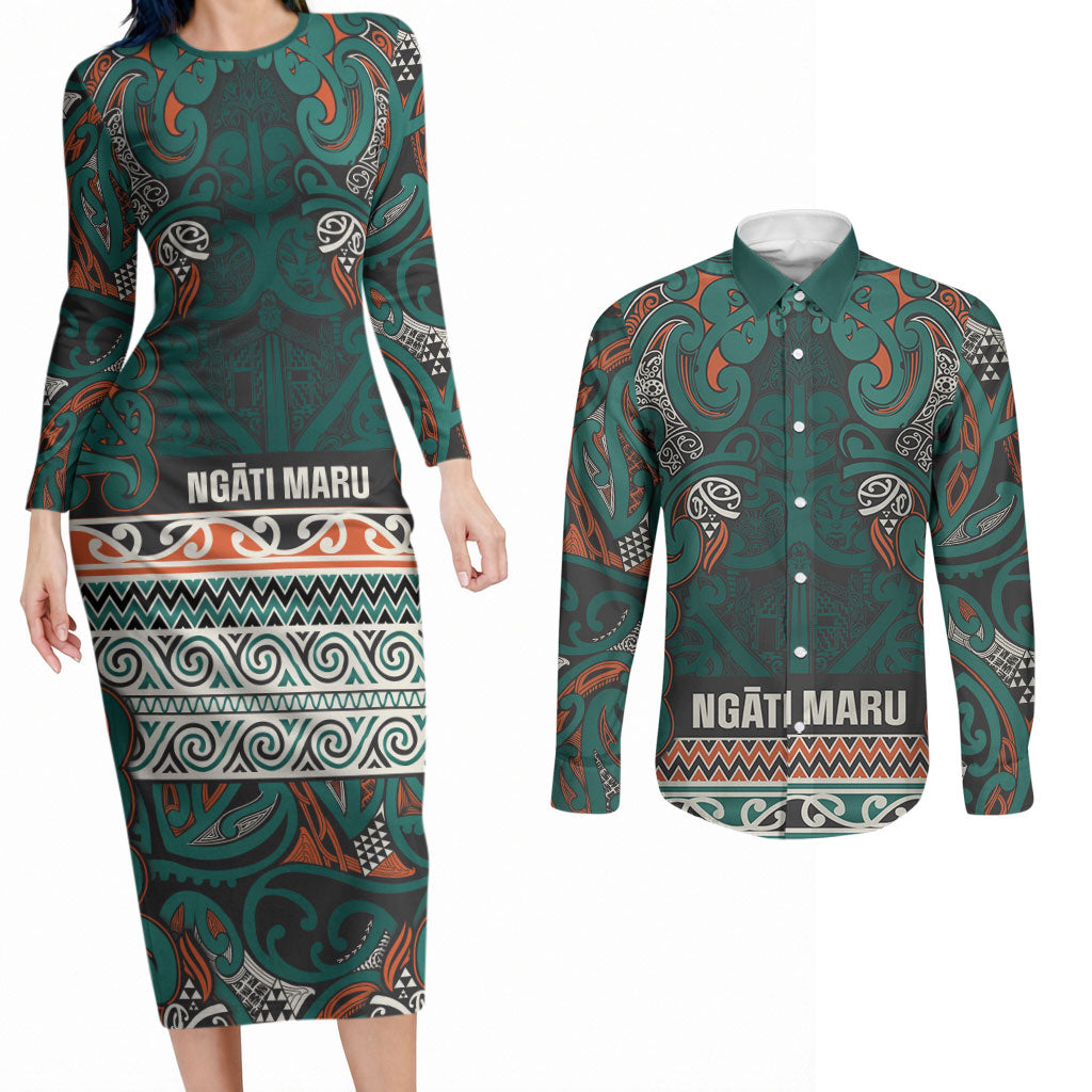 Aotearoa Iwi Ngāti Maru Taranaki Couples Matching Long Sleeve Bodycon Dress and Long Sleeve Button Shirt Maori Wharenui House Tribal Pattern