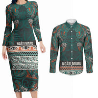 Aotearoa Iwi Ngāti Maru Taranaki Couples Matching Long Sleeve Bodycon Dress and Long Sleeve Button Shirt Maori Wharenui House Tribal Pattern
