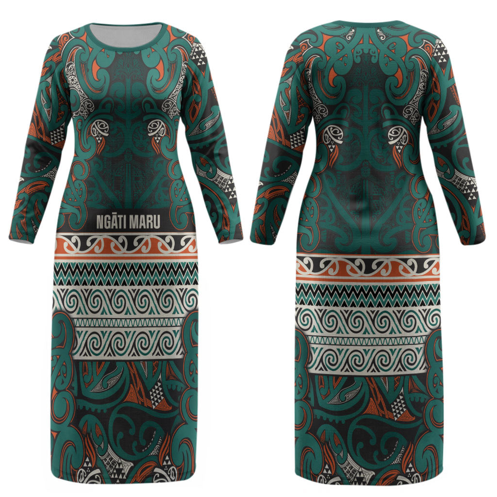 Aotearoa Iwi Ngāti Maru Taranaki Couples Matching Long Sleeve Bodycon Dress and Long Sleeve Button Shirt Maori Wharenui House Tribal Pattern