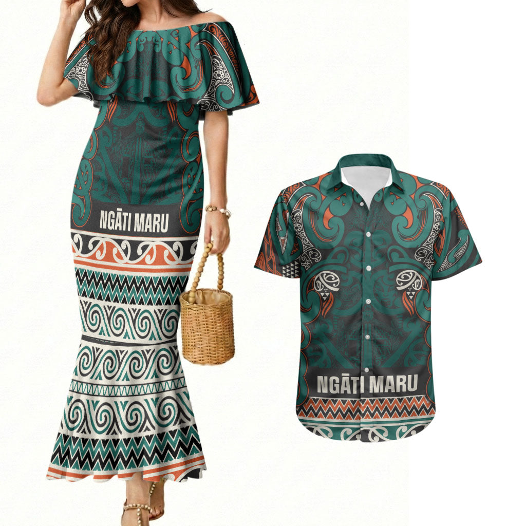 Aotearoa Iwi Ngāti Maru Taranaki Couples Matching Mermaid Dress and Hawaiian Shirt Maori Wharenui House Tribal Pattern