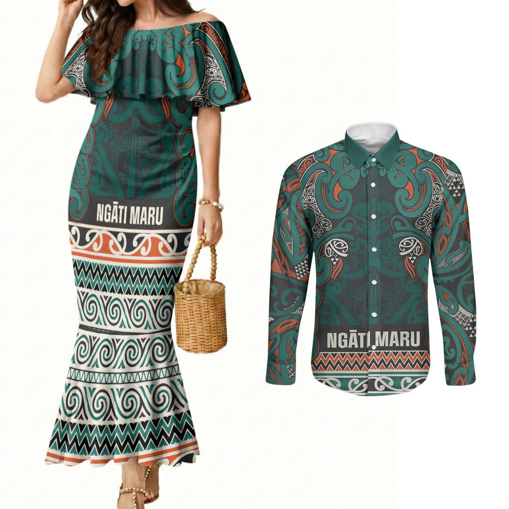 Aotearoa Iwi Ngāti Maru Taranaki Couples Matching Mermaid Dress and Long Sleeve Button Shirt Maori Wharenui House Tribal Pattern