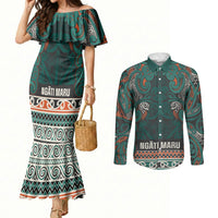 Aotearoa Iwi Ngāti Maru Taranaki Couples Matching Mermaid Dress and Long Sleeve Button Shirt Maori Wharenui House Tribal Pattern