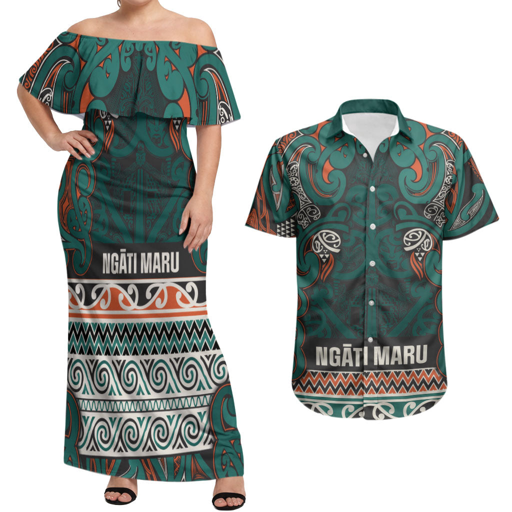 Aotearoa Iwi Ngāti Maru Taranaki Couples Matching Off Shoulder Maxi Dress and Hawaiian Shirt Maori Wharenui House Tribal Pattern