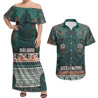 Aotearoa Iwi Ngāti Maru Taranaki Couples Matching Off Shoulder Maxi Dress and Hawaiian Shirt Maori Wharenui House Tribal Pattern