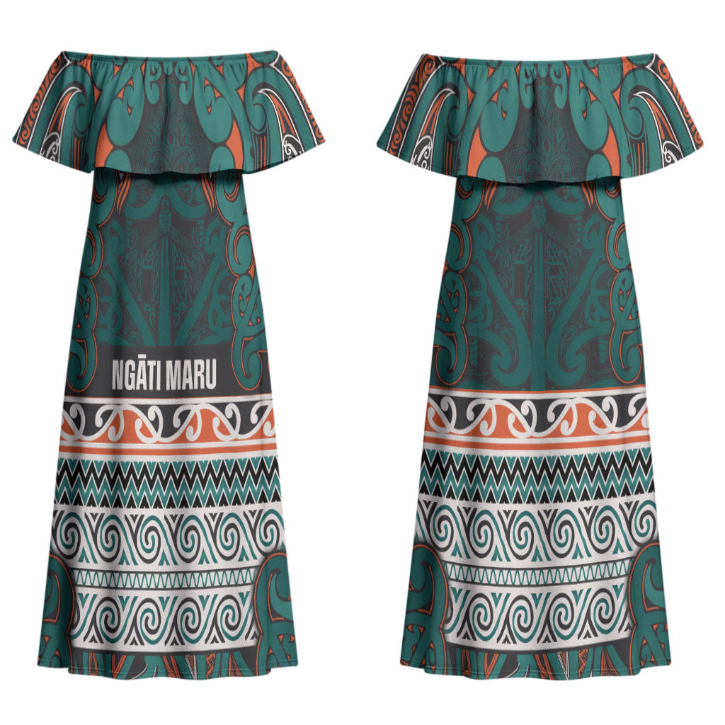 Aotearoa Iwi Ngāti Maru Taranaki Couples Matching Off Shoulder Maxi Dress and Hawaiian Shirt Maori Wharenui House Tribal Pattern