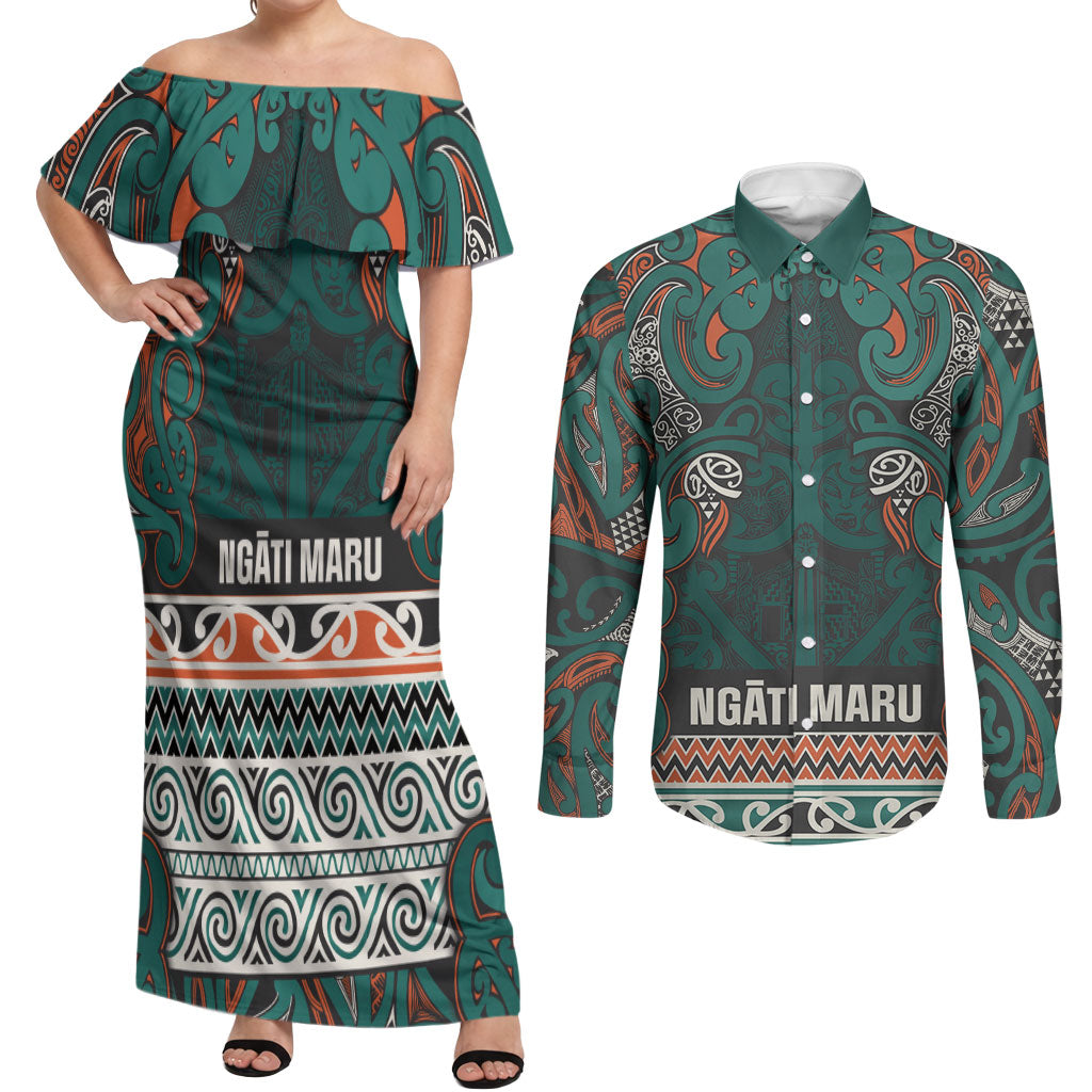 Aotearoa Iwi Ngāti Maru Taranaki Couples Matching Off Shoulder Maxi Dress and Long Sleeve Button Shirt Maori Wharenui House Tribal Pattern