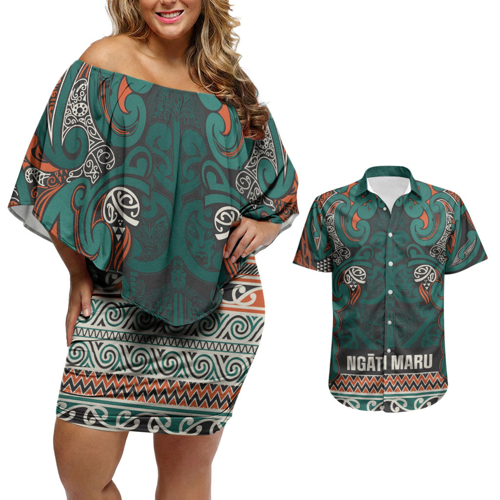 Aotearoa Iwi Ngāti Maru Taranaki Couples Matching Off Shoulder Short Dress and Hawaiian Shirt Maori Wharenui House Tribal Pattern