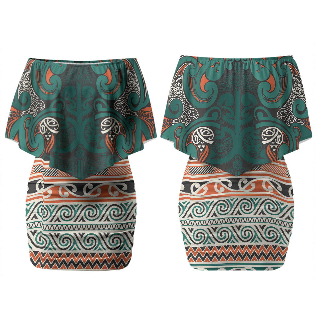 Aotearoa Iwi Ngāti Maru Taranaki Couples Matching Off Shoulder Short Dress and Hawaiian Shirt Maori Wharenui House Tribal Pattern
